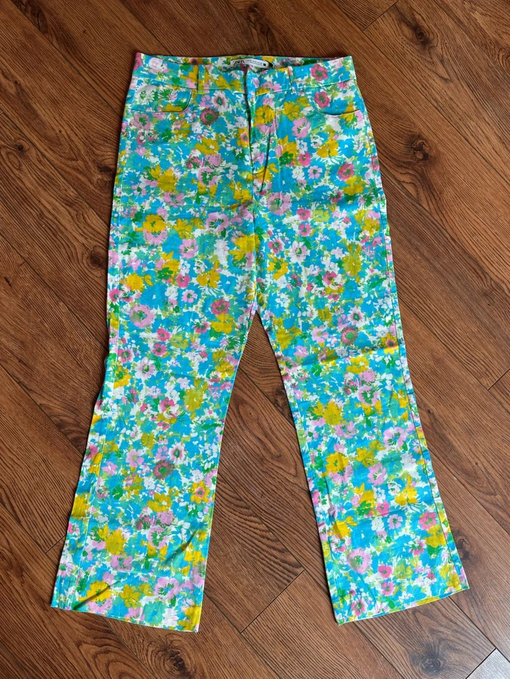 Zara Turquoise Floral linen-blend pants with Pink & Yellow Accents